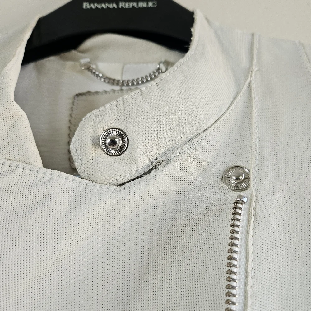 Leather Moto Jacket White Women's Classic M Professionally Cleaned - Picture 5 of 10